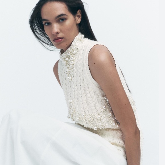 Zara NWT ecru knit top with faux pearls 2142/194 - Picture 8 of 10